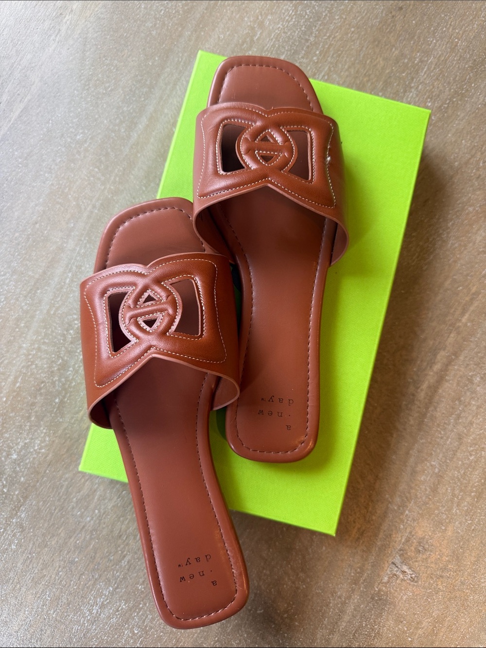 A New Day Cognac Slide Sandals with Decorative Cutout Strap